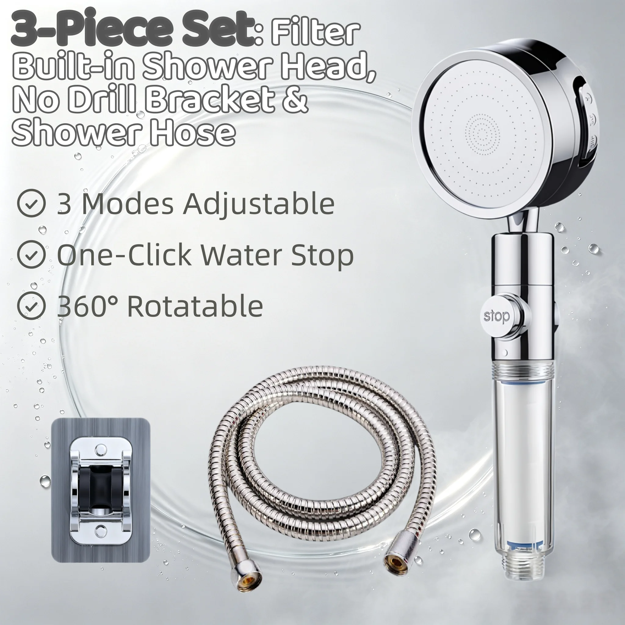 Douche à main haute pression à économie d'eau avec fenêtre filtrante visible, 3 modes, 360° °   Support de tuyau rotatif sans perçage à arrêt rapide pour la maison