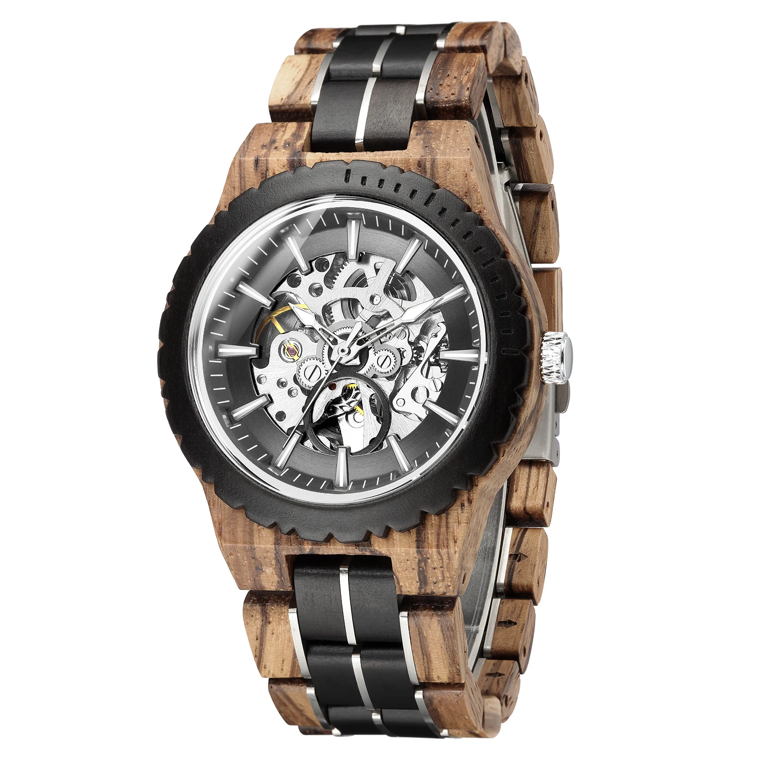 

Business Men Hollowed Mechanical Wood Watches Men's Wooden Watch Dial Folding Buckle Automatic Luxury Fashion Watches mascul