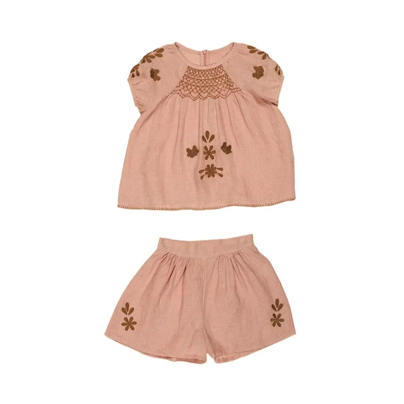 2025 Summer Apo Kids Set New Girl Countryside Style High Ding Heavy Industry Pulling Top Shorts Two Piece Set