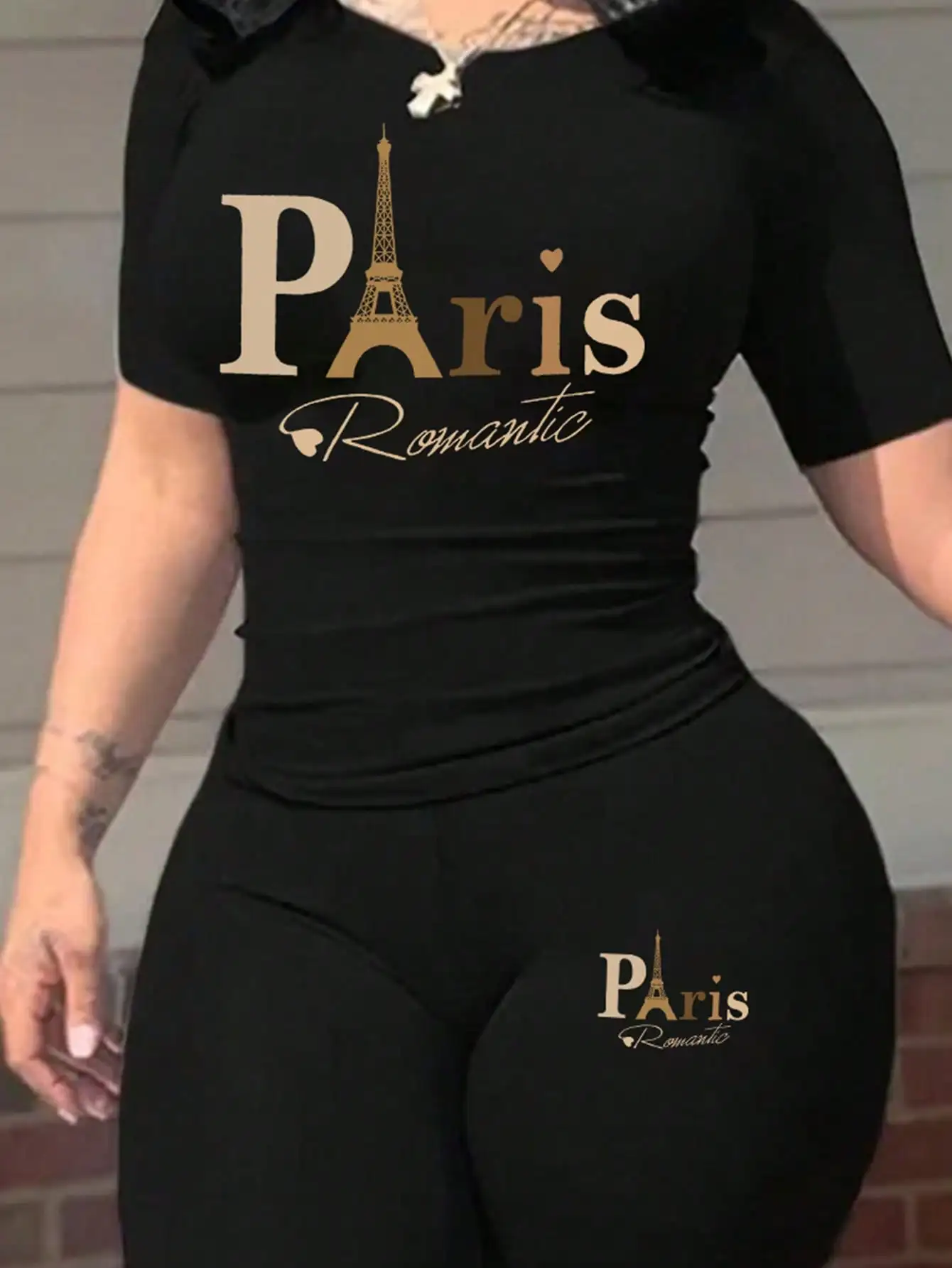 Set da 2 pezzi con stampa romantica di Parigi: maglietta a maniche corte e leggings da donna, completo estivo casual