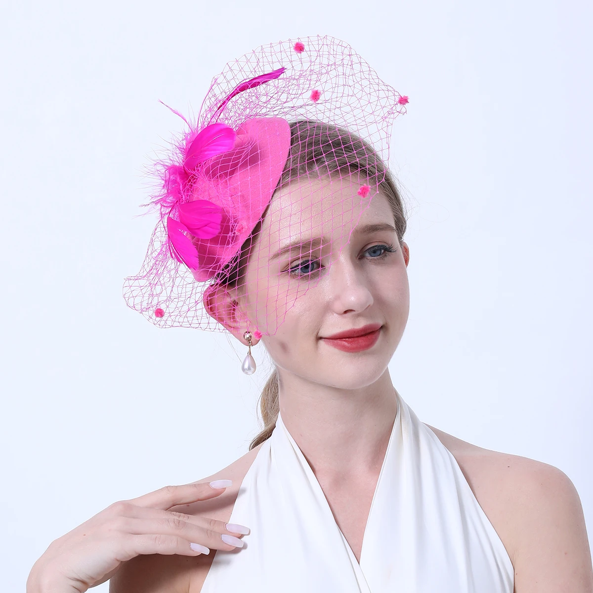 Women Flower Mesh Ribbons Feathers Fascinator Brides Hair Accessories Headband or a Clip Cocktail Tea Party Headwewar for Girls