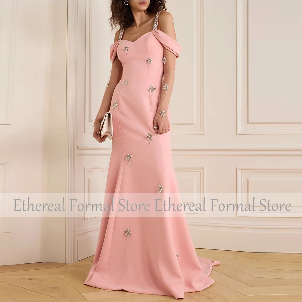 

Modern Women's Evening Gown Mermaid Floor Length Formal Wedding Party Dress Straps Beading Saudi Dress Sleeveless Prom Dress