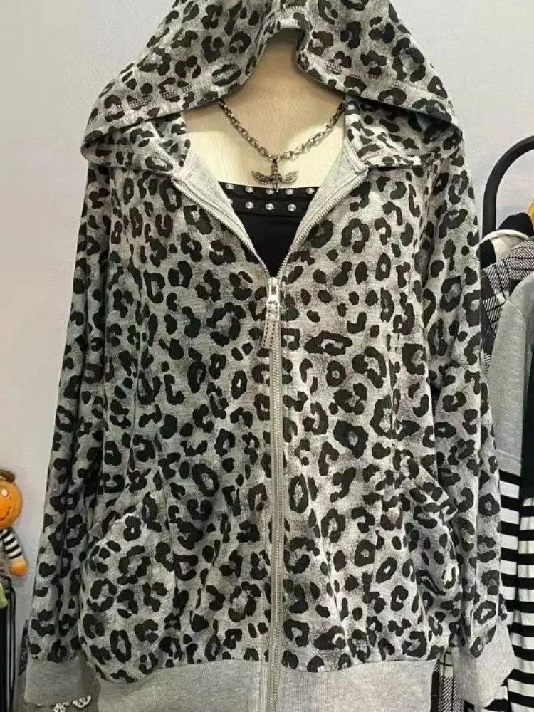 Sweat à capuche imprimé léopard Y2K pour femmes, sweat-shirt à capuche zippé, décontracté, Streetwear, manteau ﻿