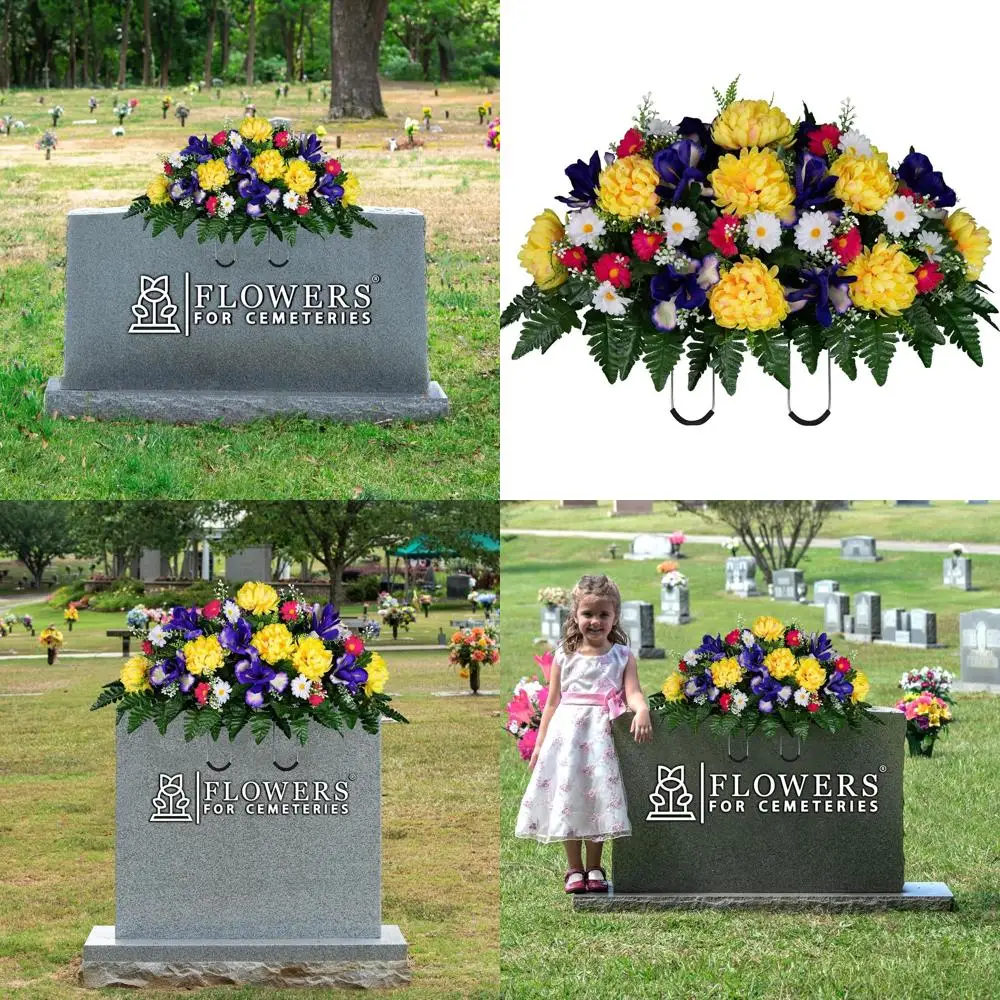 

Весеннее цветочное украшение: фиолетовые ирисы, желтые хризантемы, маргаритки ко Дню матери