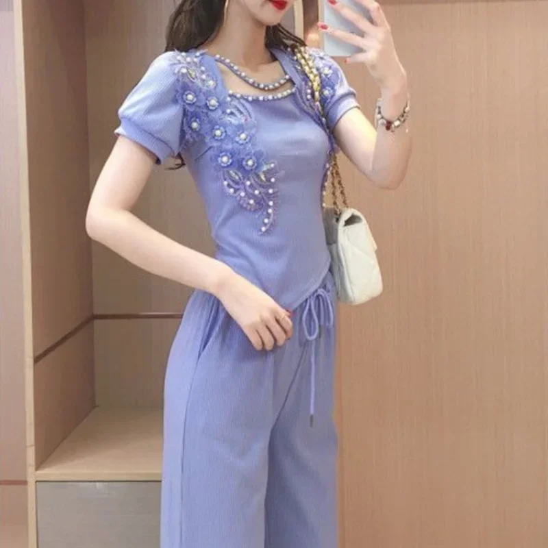 Korean Style Wide Leg Trousers Woman Purple Pant Sets for Women 2 Pieces Tailor Fashion Clothing 2024 With Sleeve Classy Sales D