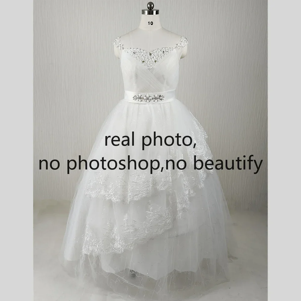 Clearance Size 10 Wedding Dress White Quality Beads Square Collar Sleeveless Lace up Princess Floor Length Bride Ball Gown 6033