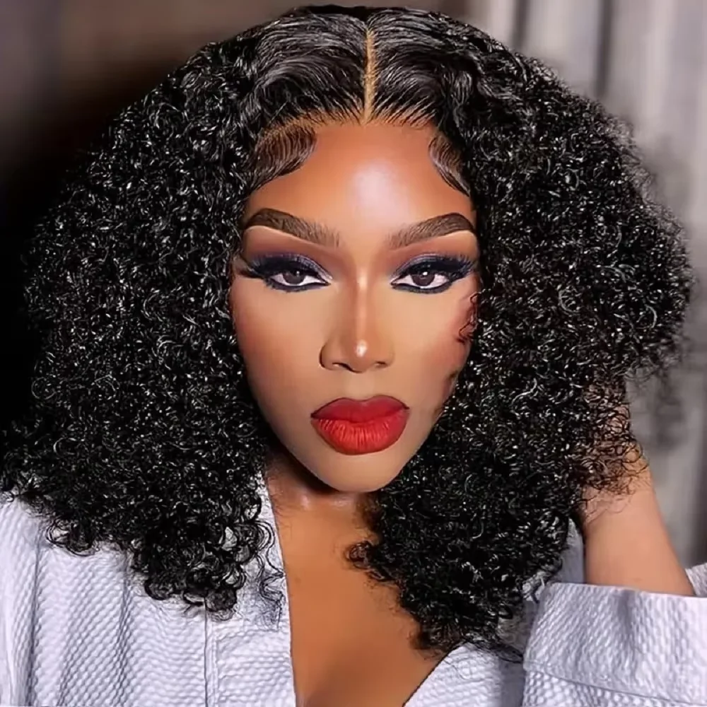 12 Zoll Echthaar Jerry Curly Kurze Bob-Perücke mit 13x4 High-Definition-Spitze, 220 Frontal, vorgezupftes Haaransatz, Natur Schwarz