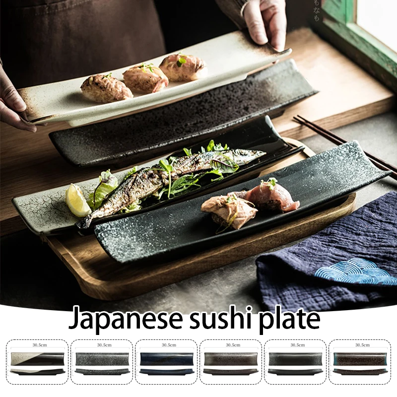 Japanese-Style Sushi Plate Ceramic Rectangular Tableware Sashimi Autumn Saury Rectangular Plate Western Barbecue Plate