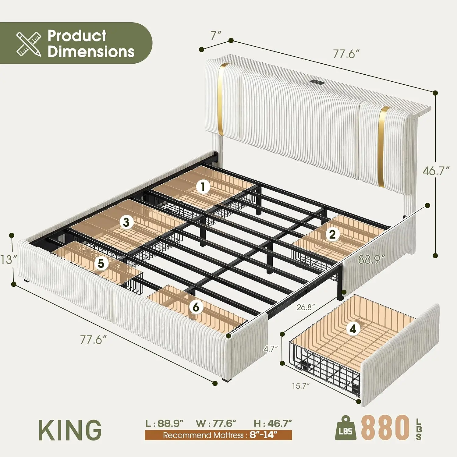 Bed Frame 6 Drawers Adjustable Headboard Beige, Customized image 2