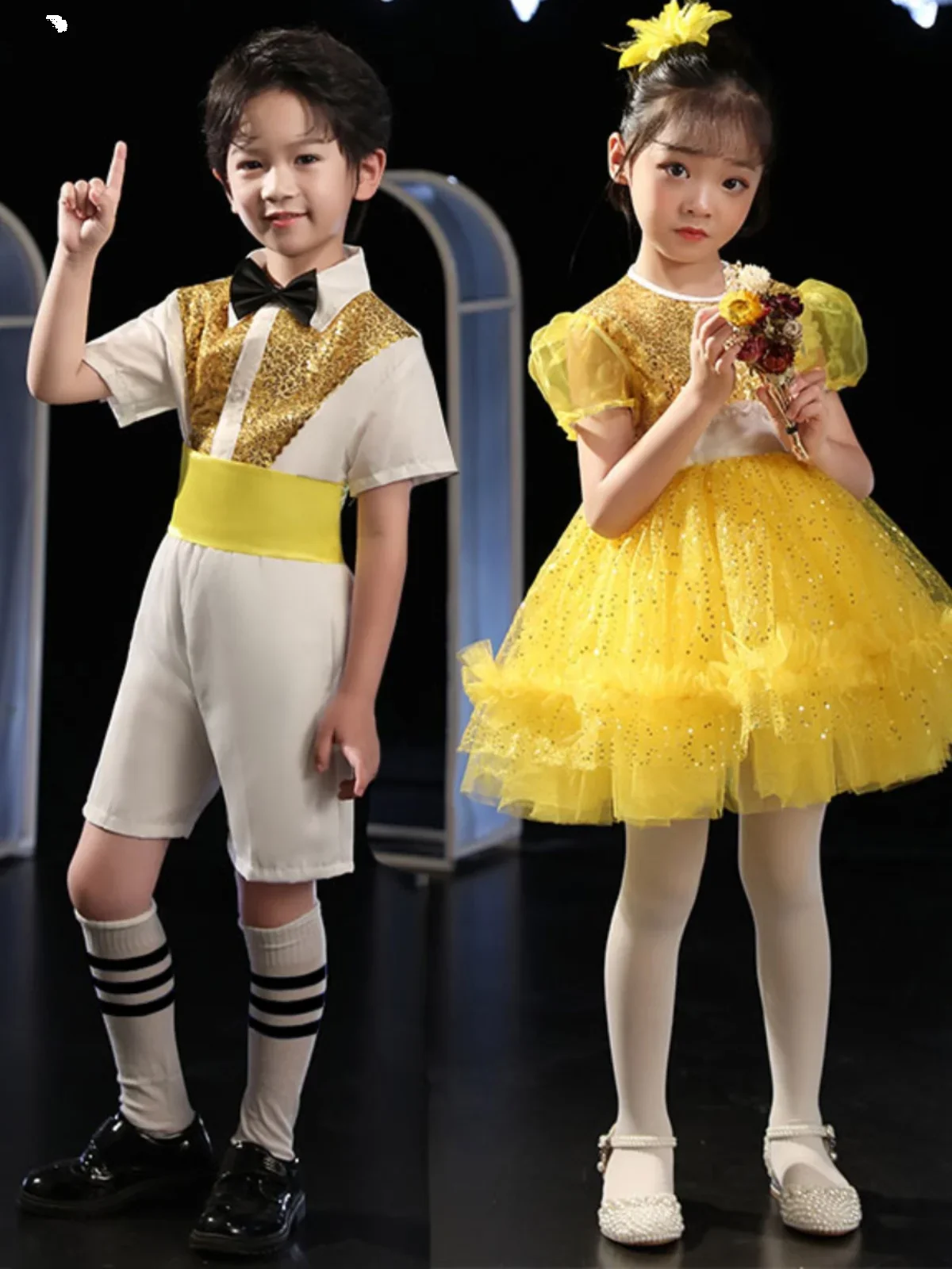ملابس أداء الرقص الحديثة للأطفال ، فستان الأميرة ساري منتفخ ، زي جوقة رياض الأطفال ، ثوب الترتر الأصفر