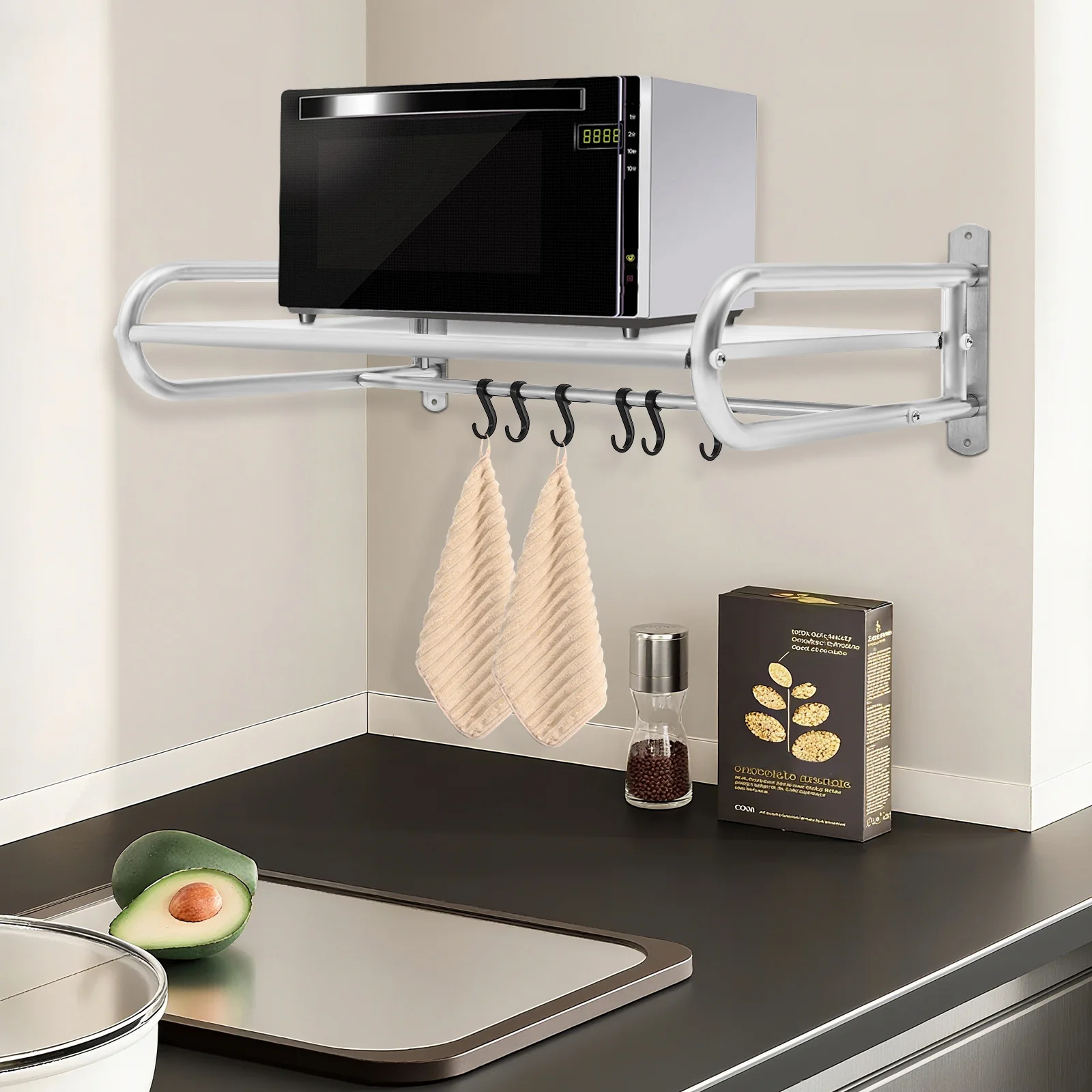 Настенная полка для микроволновой печи, 44,09 фунтов, несущая нагрузка, 6 подвижных крючков, боковой барьер для кухни, столовой, ресторана