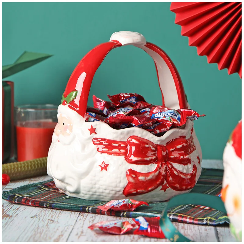 Hand-painted Santa Claus ceramic tote basket Home kitchen Dining room supplies Snack storage box Christmas candy decor basket