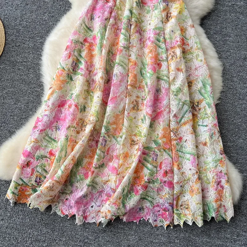 Neploe-Robe en maille à imprimé floral pour femmes, élégante, vintage, taille fine, évidée, nouvelle collection, été, 2024, Y2k