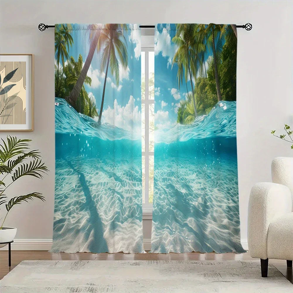 2pcs Ocean scenery Printed Curtain for Home Decor - Rod Pocket Window Treatment for Bedroom,Office,Kitchen,Living Room,and Study