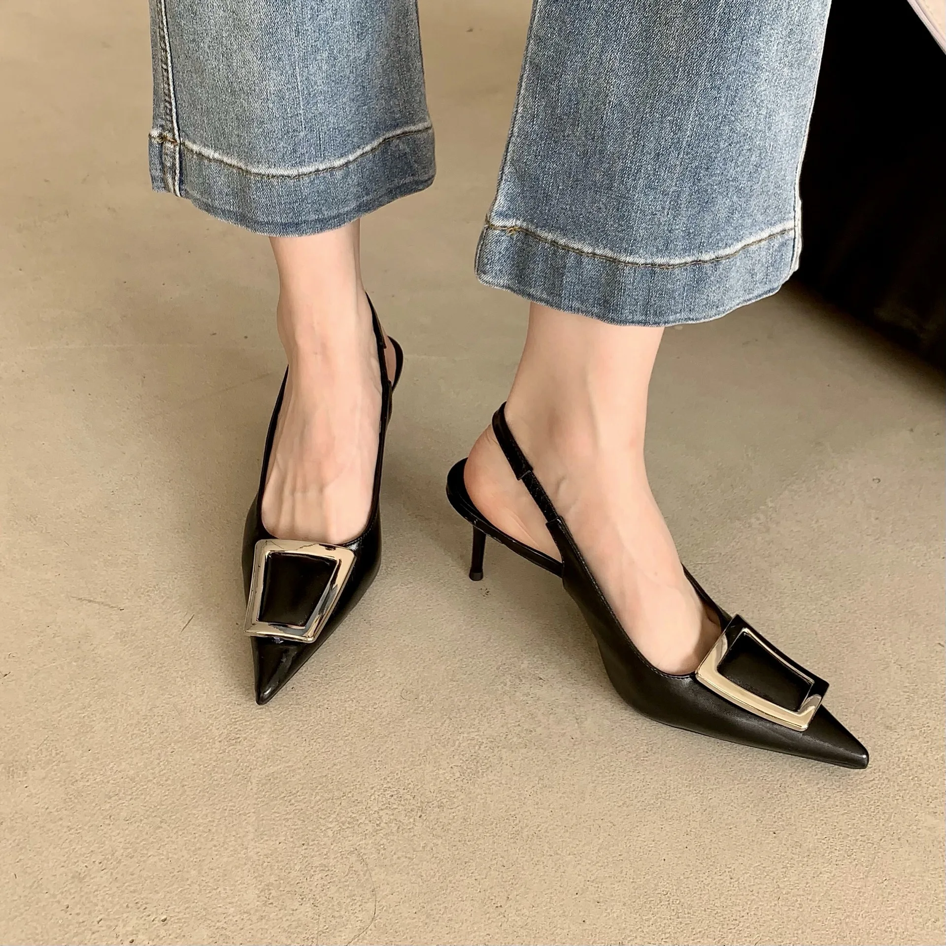 

2023 Spring New Brand Women Pumps Snadal Fashion Square Buckle Shallow Slip On Slingback Pointed Toe Dress Shoes