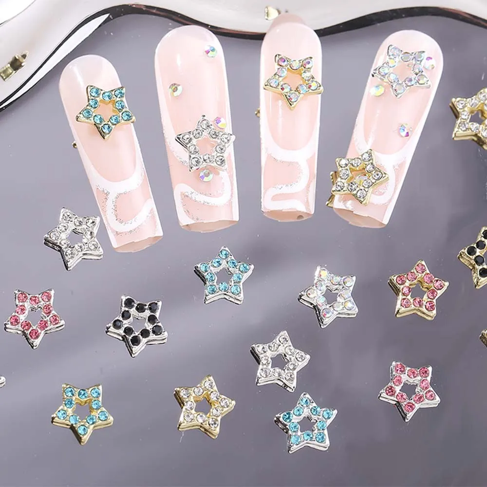 10Pcs Colorful Shiny Star Nail Art Charms 3D Alloy Gold Silver Star Inlaid Glitter Diamond Nail Jewelry DIY Manicure Accessories