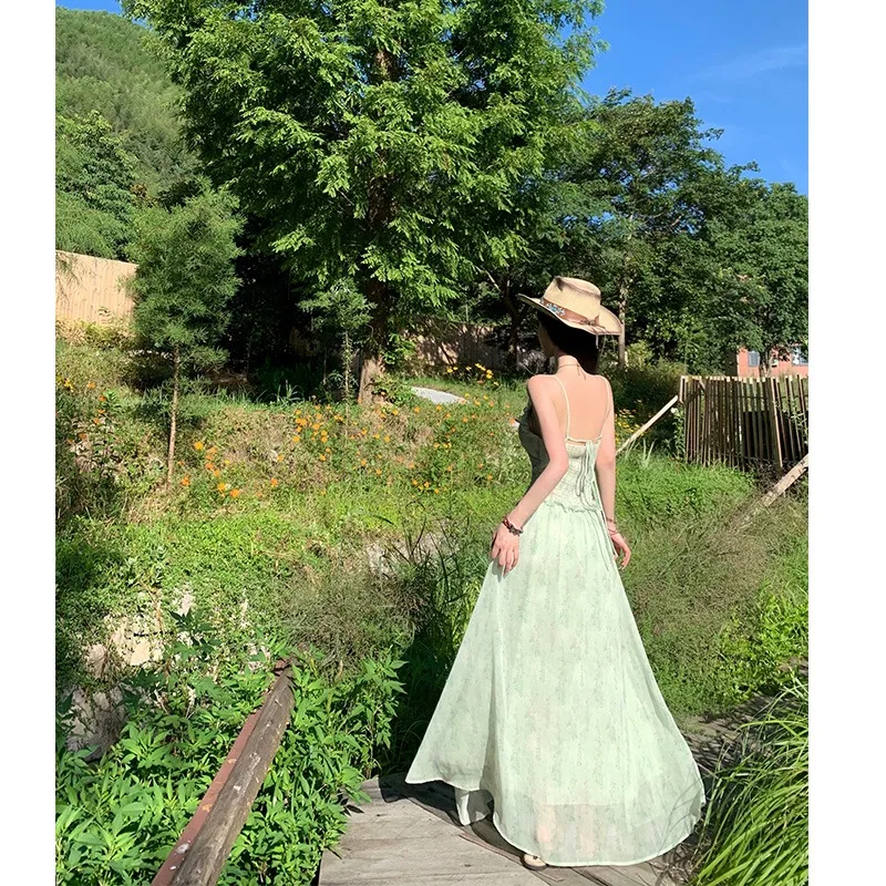 Robe Longue à Bretelles pour Femme, Tenue de Soirée Chic, Imprimée Verte, Style Lolita, Nouvelle Collection Été 2024