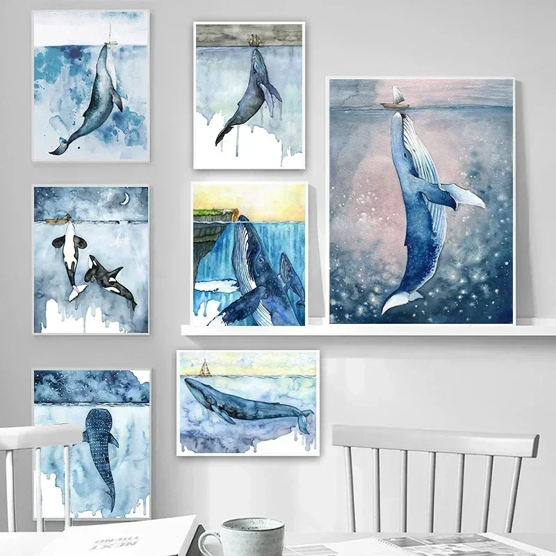 1pc frameless Canvas Painting Abstract Wall Art Watercolour Sea Animals Whale Mural HD Canvas Printed Poster Home Living Room Be