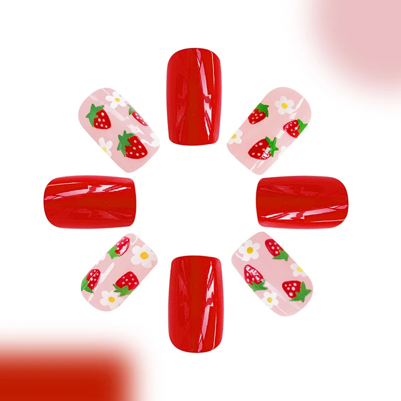 24Pcs Short Glossy Press on Nail fragola White Small Flower unghie finte stili multipli di piccoli fiori Nail Art staccabile