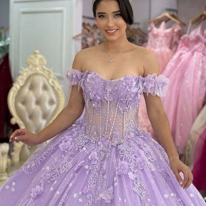 

Customized Shiny Purple Quinceanera Dresses Off the Shoulder sequin butterfly applique Long tail Lace Vestido 15 Quinceanera