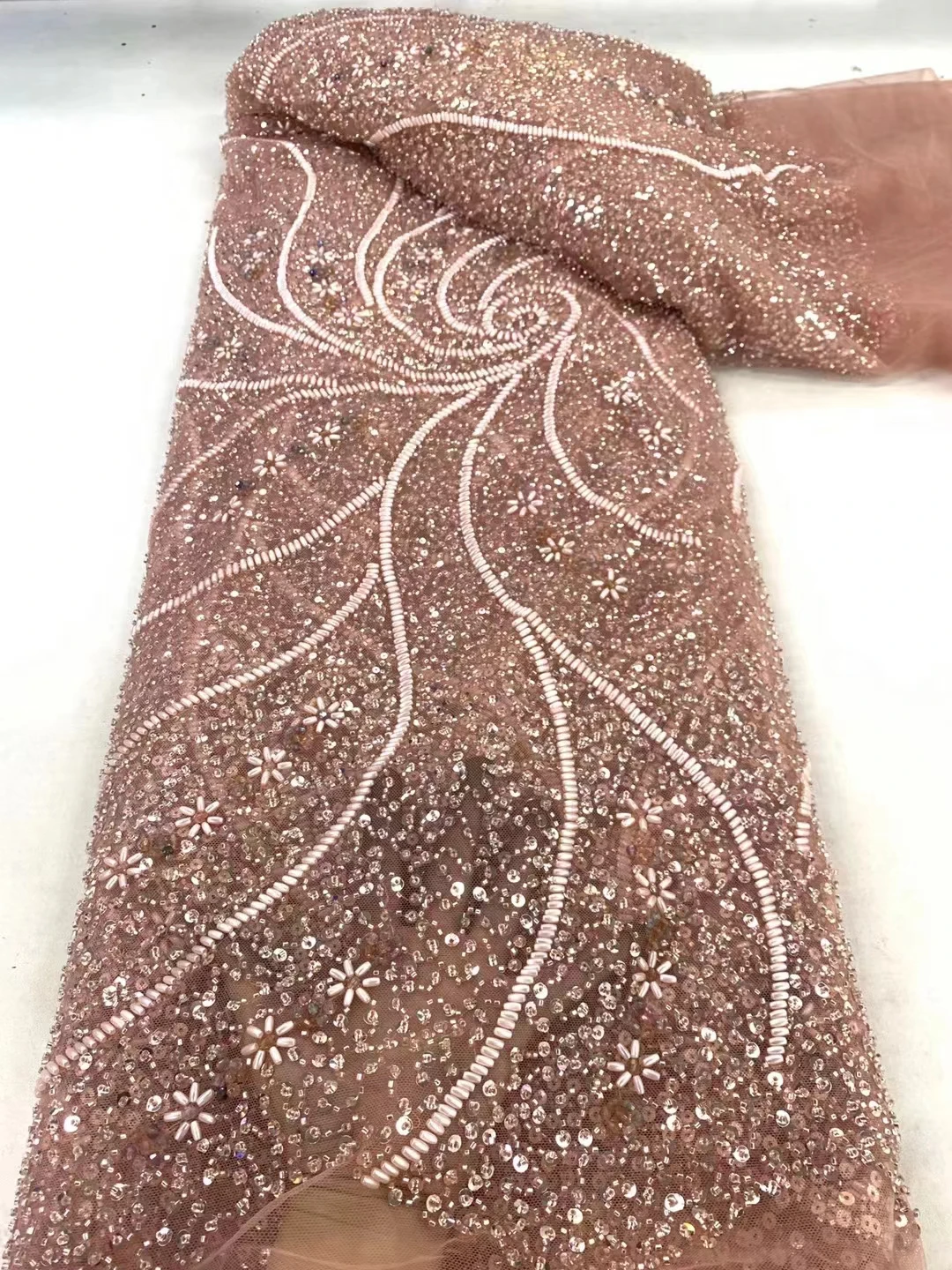 Nigeria New Rice Bead Embroidery Fabric, African Lace Embroidery Mesh Sequins Bead Tube Wedding Dress Fabric 5 yards