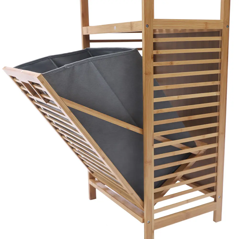 

Fabric Bamboo Bathroom Laundry Hamper Cabinet Tilt Out Basket Storage W/2-Tier Shelf