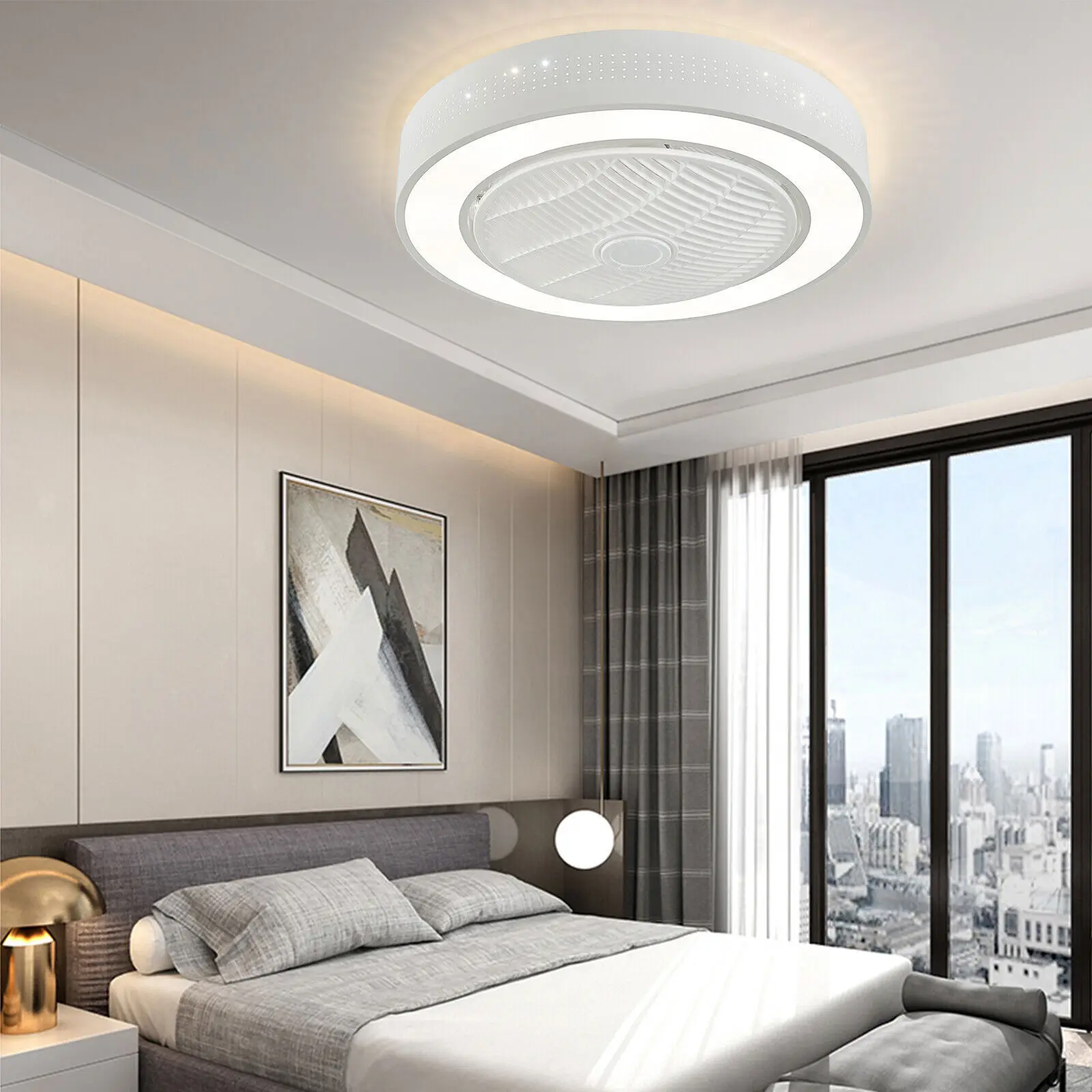 22'' Modern Flush Mount Ceiling Fan With Dimmable LED Light 70W Chandelier 3 Speed Remote Control Pendant Lamp