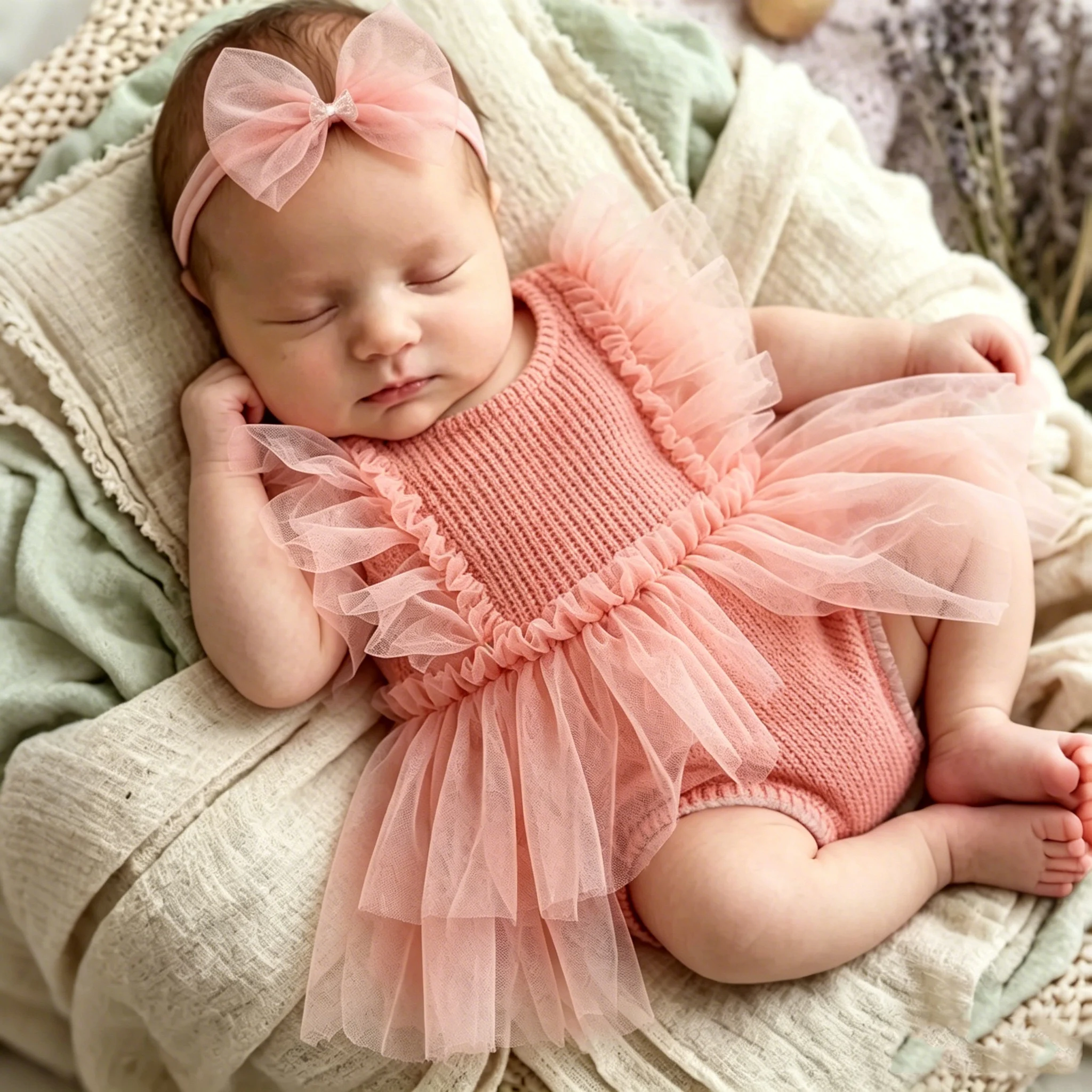 Newborn Tutu Romper, Baby Photography Outfit Infant Tulle Dress Baby Bow Headband Set Clothes Princess Baby Costume Photo PropHD