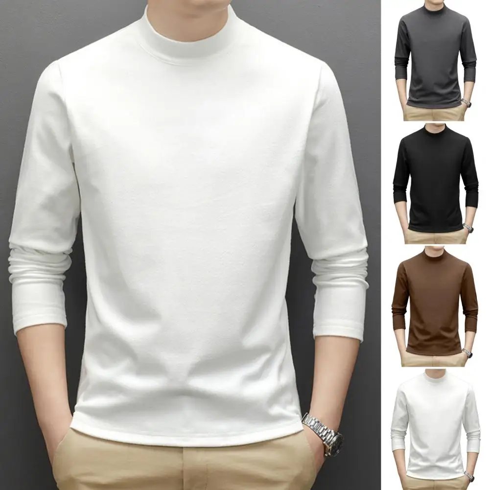 Men Base Top Solid Color High Collar Pullover Basic Slim Fit Cold-proof Casual Fitness Autumn Base T-shirt for Work