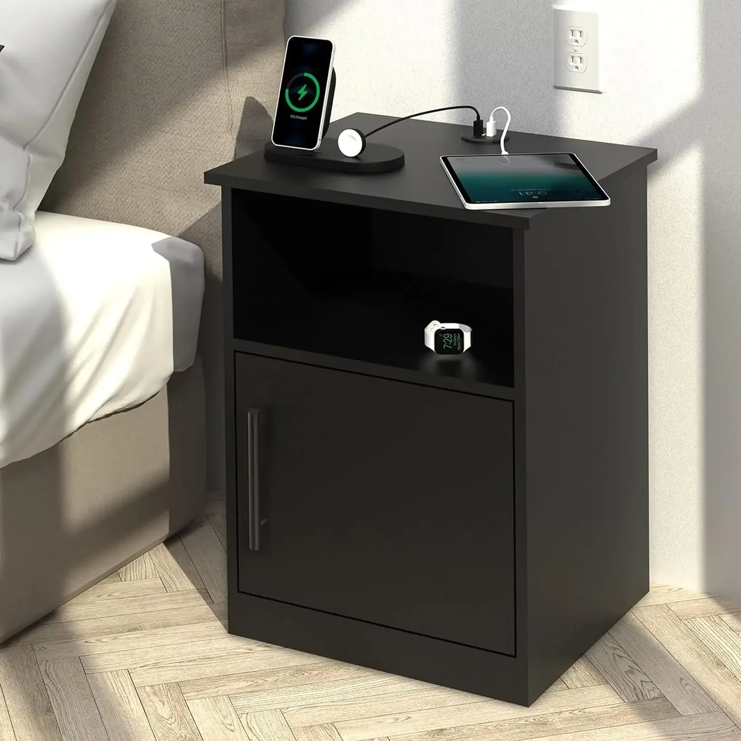 

Modern Nightstand with 3 USB Ports -Waterproof Bedside Table with Cabinet & Open Storage, Night Stand, End Side Table Furniture