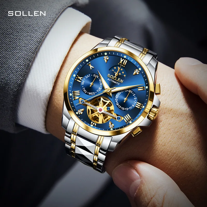 SOLLEN jam tangan mekanis pria, kelas atas Tourbillon Stainless Steel mewah safir fase bulan otomatis