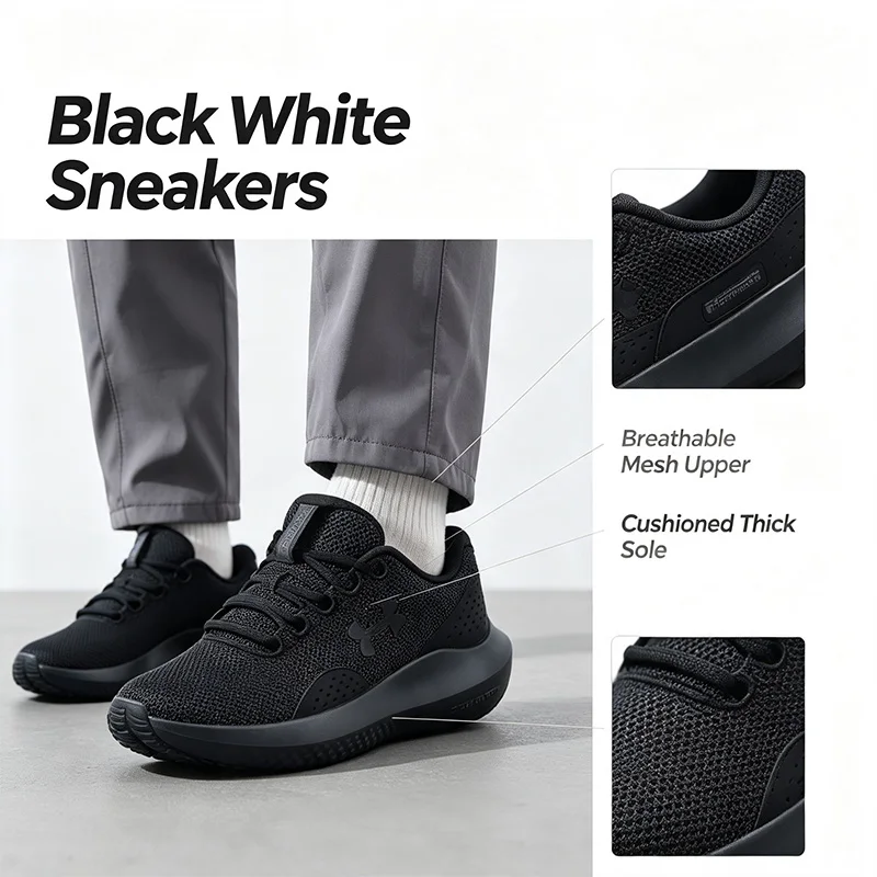 Under Armour White Gray Athletic Running Shoes Breathable Mesh Thick Sole Non-Slip Sneakers for Gym Walking Outdoor