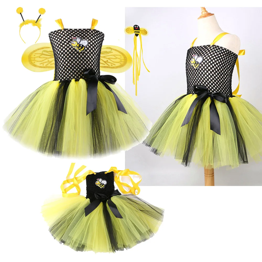 Kids Children Bee Wing Performance TUTU Skirt Dress Girl‘s Mesh Clothing Headwear Cosplay Costume Outfit Halloween Carnival Suit