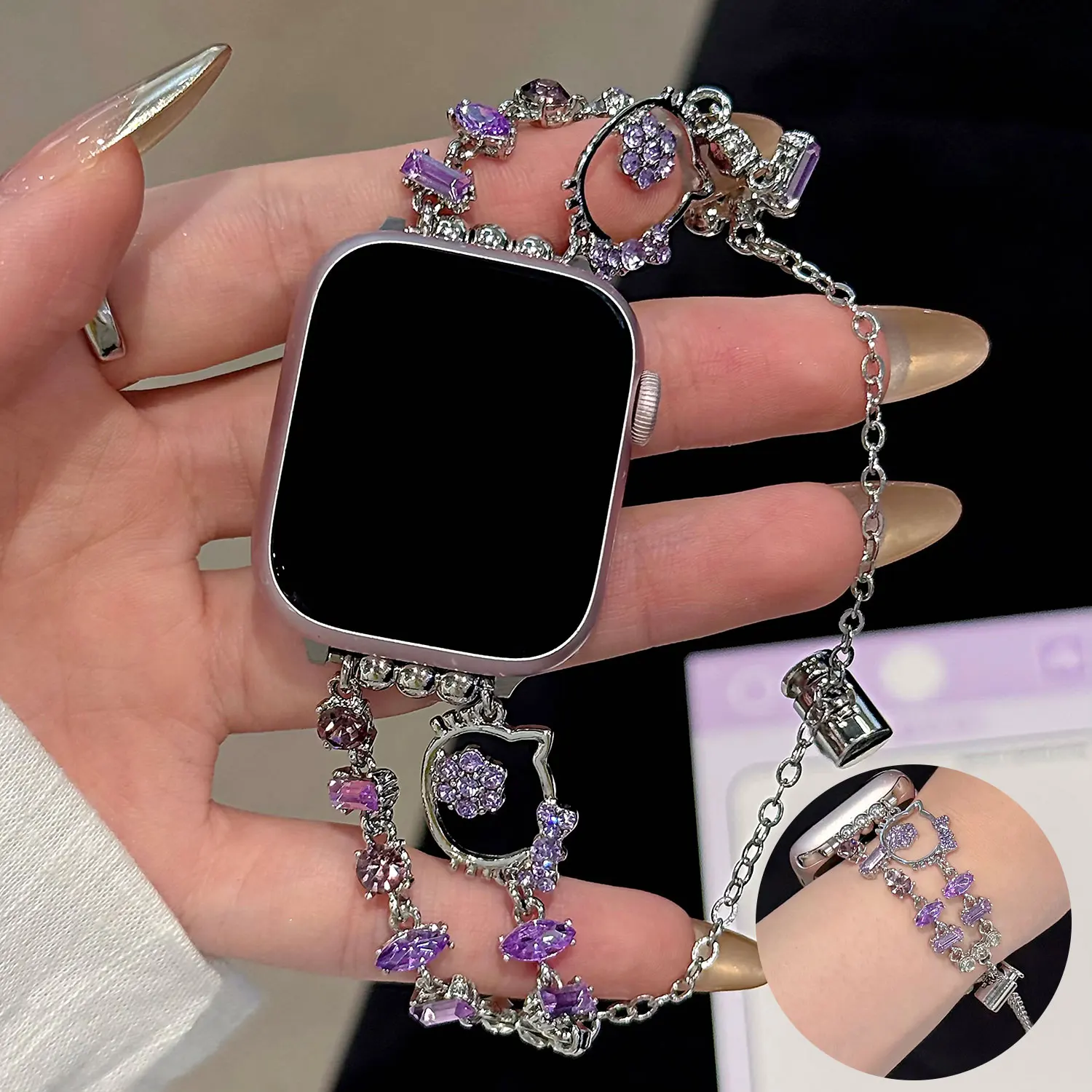 Two rows of small diamond chains are used for Apple watch models, with gorgeous sparkle for iWatch Series 9 8765432 strap - view 4