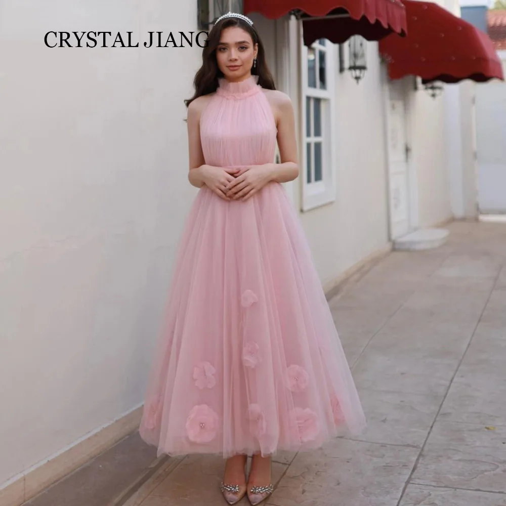 

Vintage Long Pink Halter Neck Tulle Prom Dresses Sleeveless with Handmade Flowers A Line Tea Length Vestidos De Fiesta