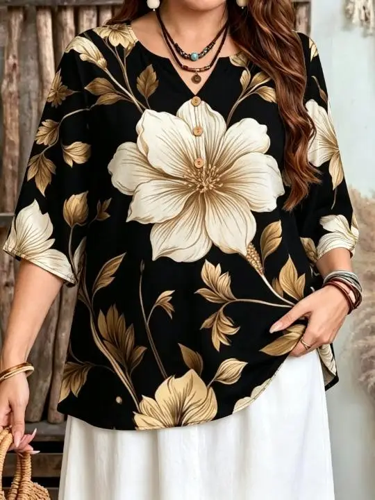 Women Large Retro Floral All‑Over Print Blouse For Curvy Figures Notched Neck 3/4 Sleeve Loose Casual Ladies Tops