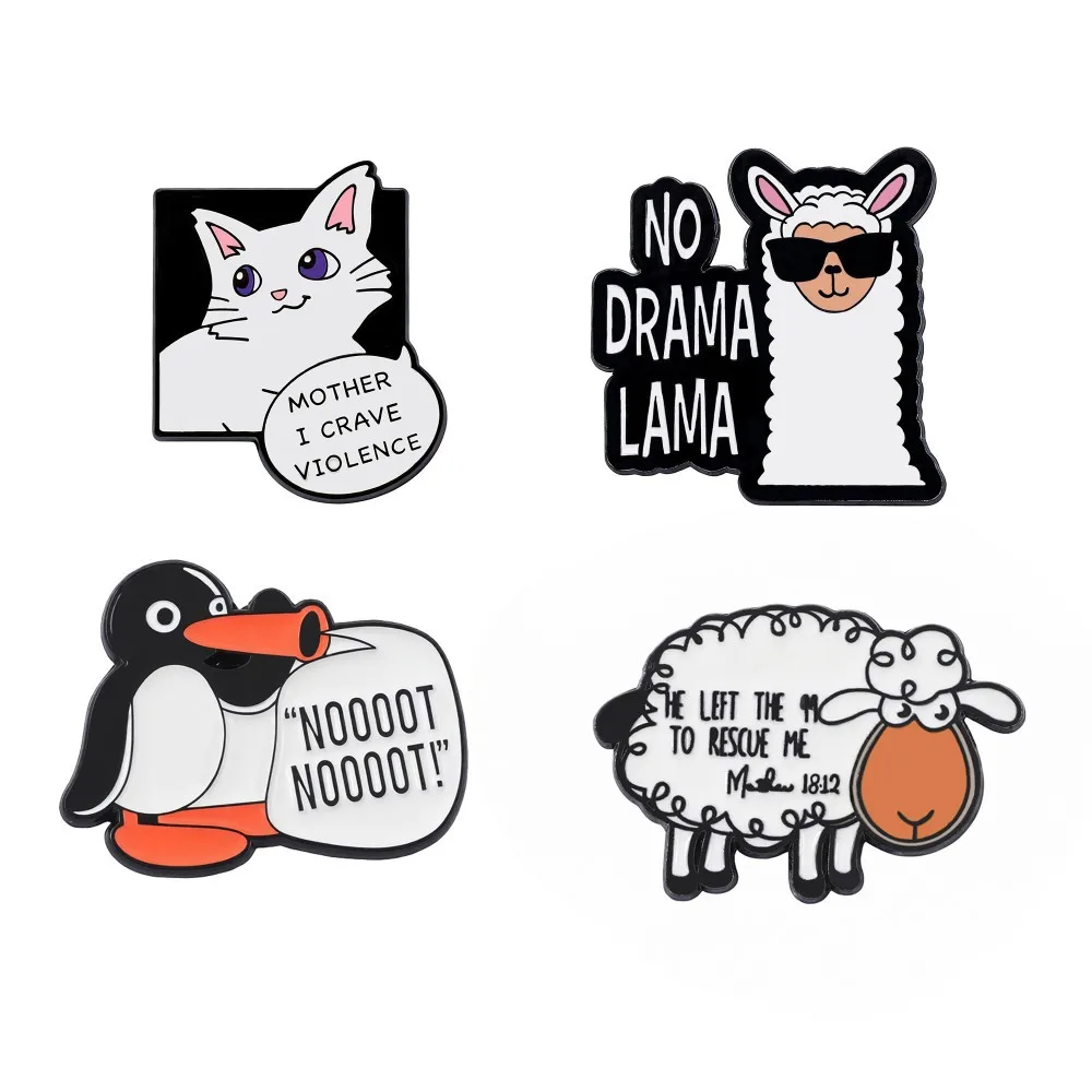 

1 Set Cute Cartoon Creative Personality Alpaca Cat Metal Badge Penguin Sheep Small Animal Quotes Alloy Brooch