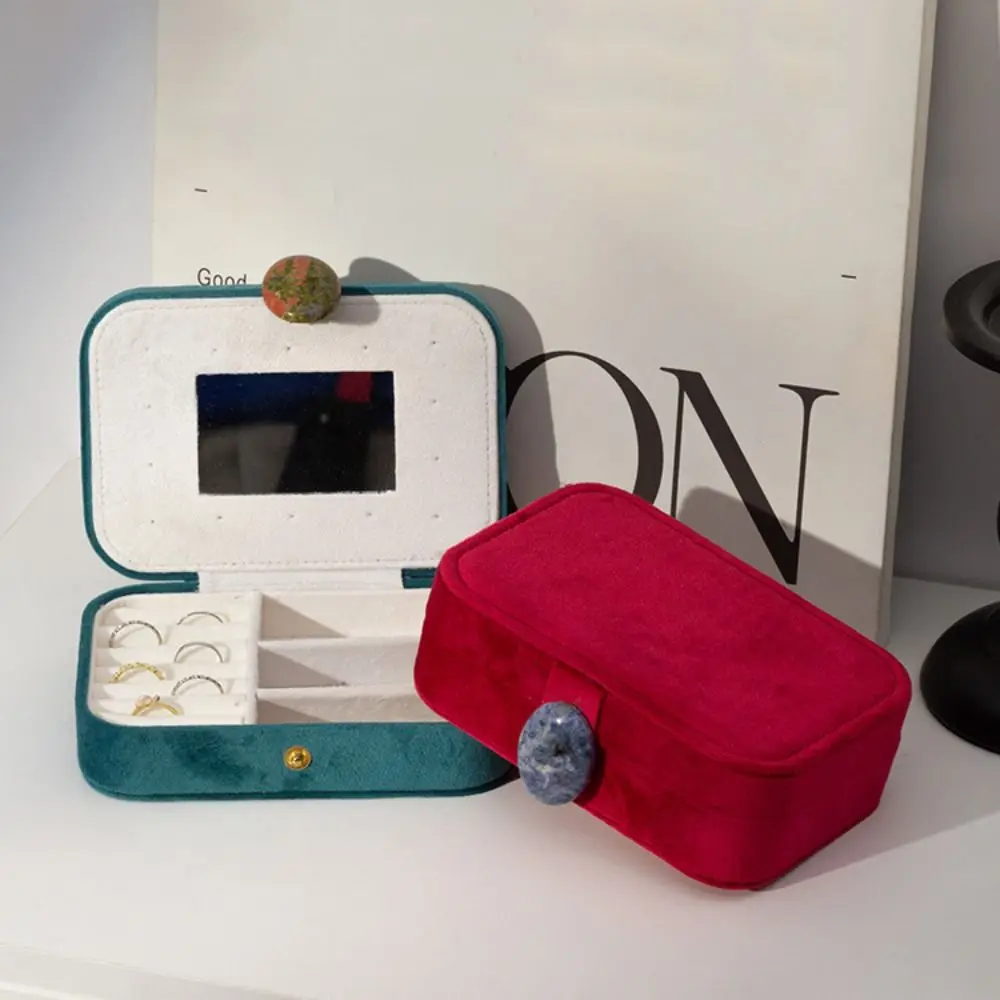 

Большая бархатная шкатулка для украшений с изысканным каменным декором, дорожный органайзер для ювелирных изделий с несколькими отделениями, однотонный футляр для хранения украшений