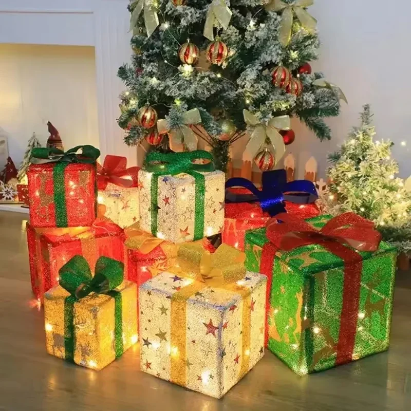 Christmas Glow Bow Gift Box Decoration Indoor Glowing Gift Box Accessories Christmas Flash Remote Control Gift Box Decoration