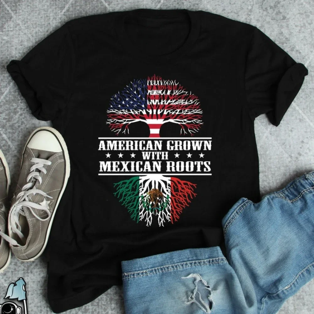 Mexico TShirts Mexico Gifts American Mexican Roots Cotton Tee-Shirt America and Mexico Flag Heritage Gift T-Shirt Tops