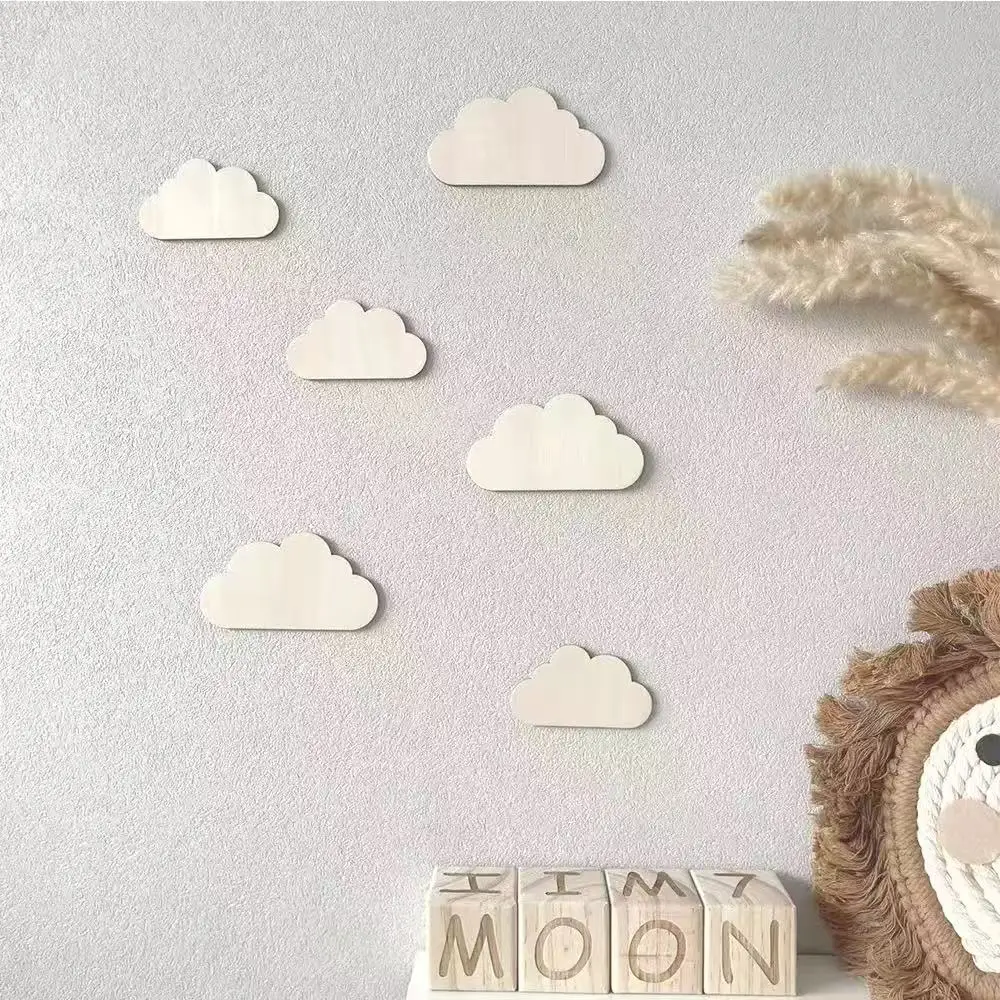INS Nordic Wooden Wall Stickers 3D Rainbows Clouds Flowers Wood Sticker Kids Room Decoration Ornaments Home Crafts Nursery Decor
