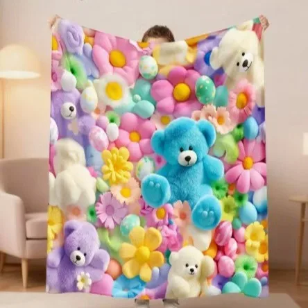 Lovely Bear Blanket Colorful Plush Toy Printed Soft Comfortable for Office Sofa Nap for Friend Gift Brithday Gift Bedroom Decor