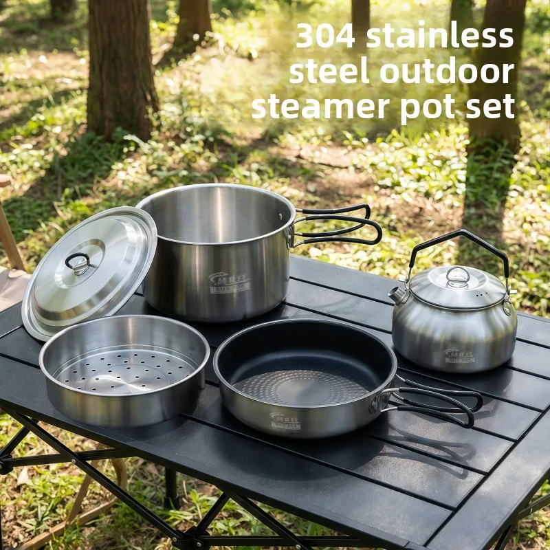 

304 Stainless Steel Outdoor Camping Steamer Pot Set Portable Multi Function Cooking Kit for Picnic Storage and Hiking Gear