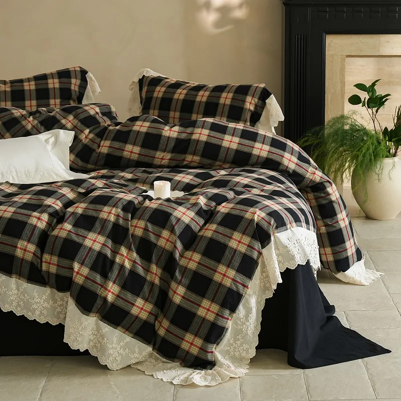 

100% Cotton Plaid Print Lace Ruffles Bedding Set Double Queen King Size Duvet Cover Flat/Fitted Sheet Pillowcases 4Pcs