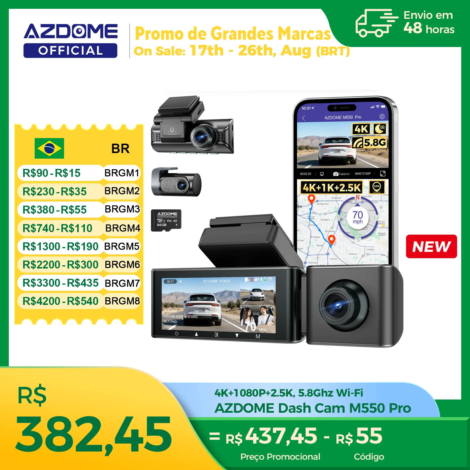 Azdome m550 pro traço cam carro dvr 5.8ghz wifi 3.19 "ips 2 ou 3 canais câmera traço gps visão noturna duplo 4k + 1080p monitor de estacionamento