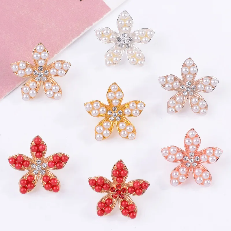 

100Pcs sets button jewelry, versatile simple pearl five-petal flower belt crystal DIY clothing, hair accessories, direct supply