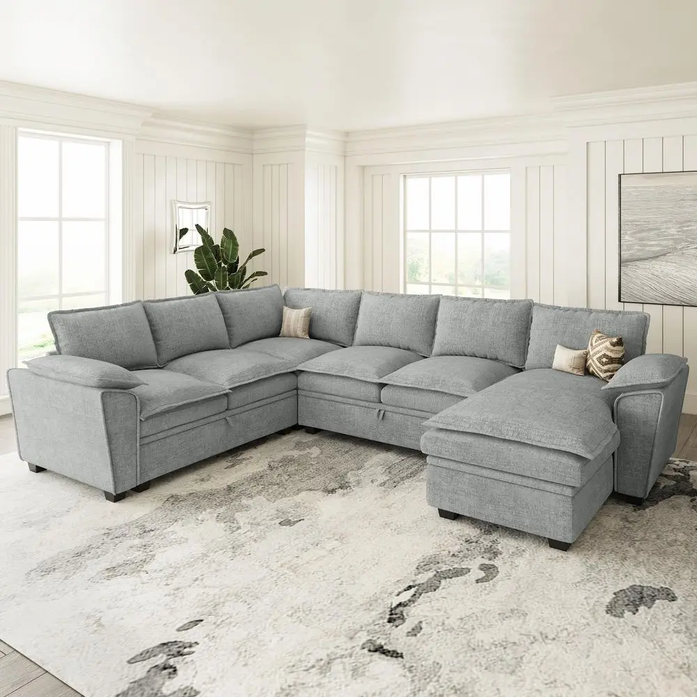 

Large Modular Sectional Sofa with Deep Chaise U Shaped Couch 7 Seats Modular Couch for Living Room Chenille Grey