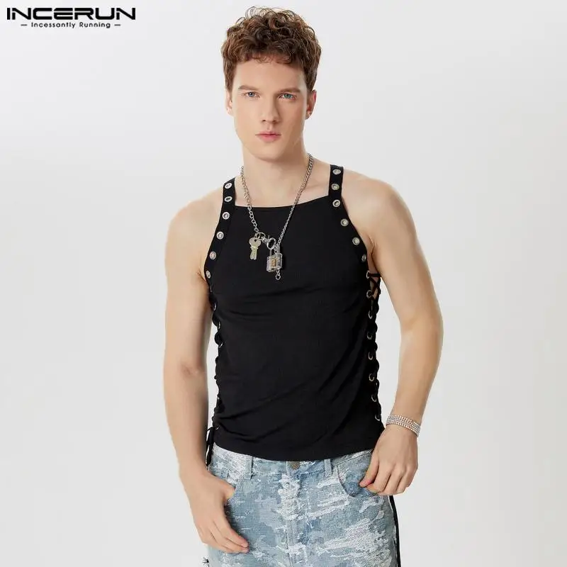 INCERUN Men Tank Tops Patchwork Lace Up O-neck Sleeveless Vests Summer Fitness Streetwear 2024 Hollow Out Fashion Men Clothing