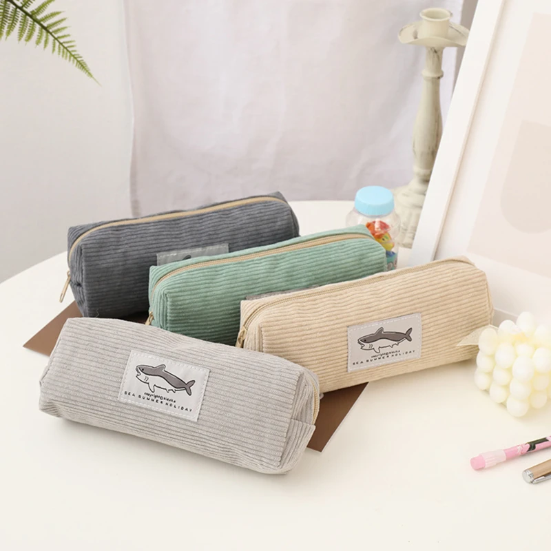 1 Pcs Pencil Case Cute Shark Corduroy Pencil Box Pencilcase Pencil Bag School Supplies Stationery