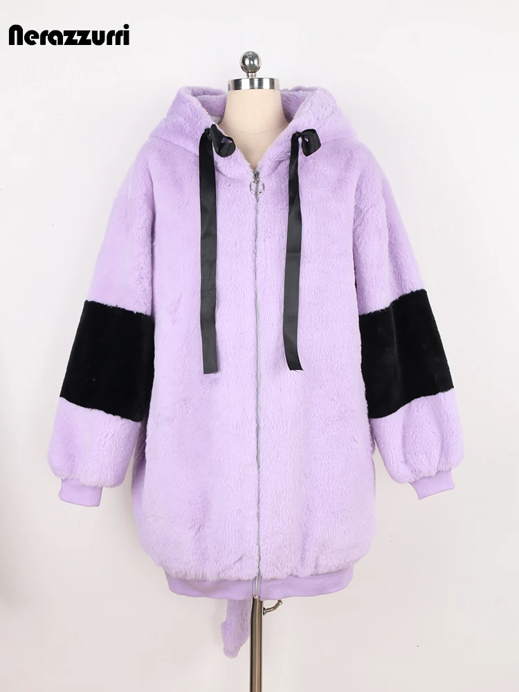 Nerazzurri Winter Thick Warm Soft Harajuku Kawaii Sweet Cute Lovely Faux Fur Hoodie Women Fluffy Jacket with Bunny Ears and Tail